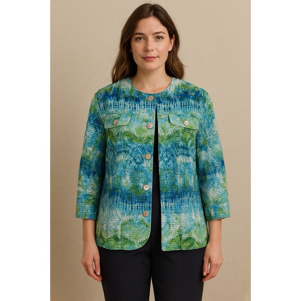 Alfred Dunner Womens Button Up Shirt Blazer Light‎ Weight Blue Green Tie-Dye 14